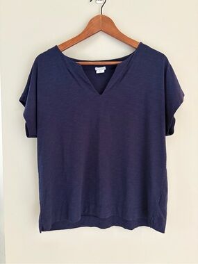 Sigrid Olsen Navy Blue Notch V-Neck Short Sleeve Tee Top Cotton Modal Peru Made